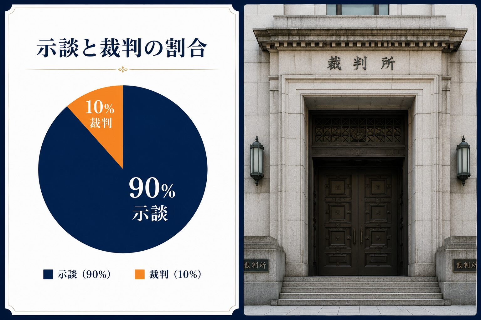 慰謝料請求における示談と裁判の割合を示す画像