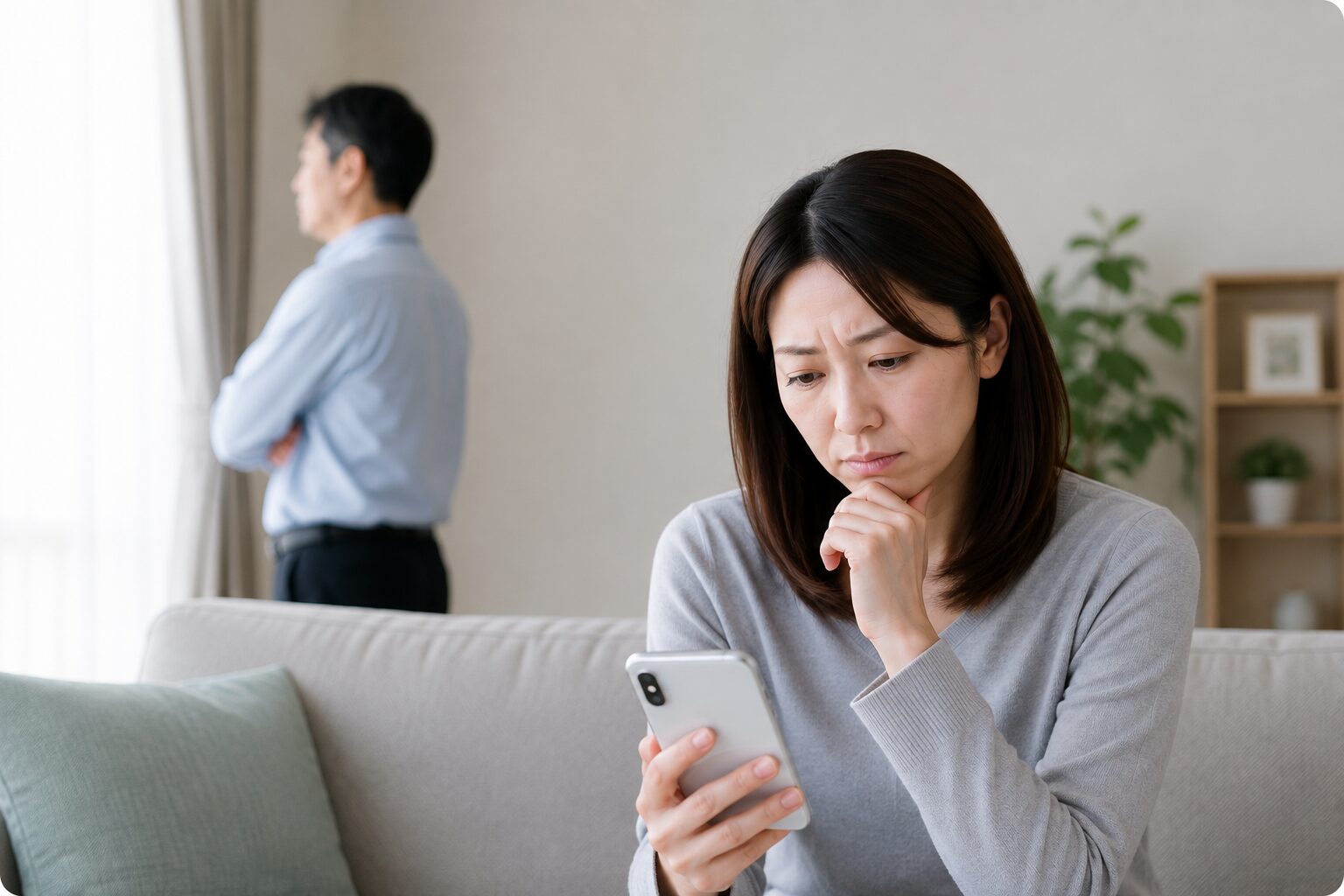 別居中の配偶者の様子が気になりスマホを見ながら不安な表情を浮かべる女性