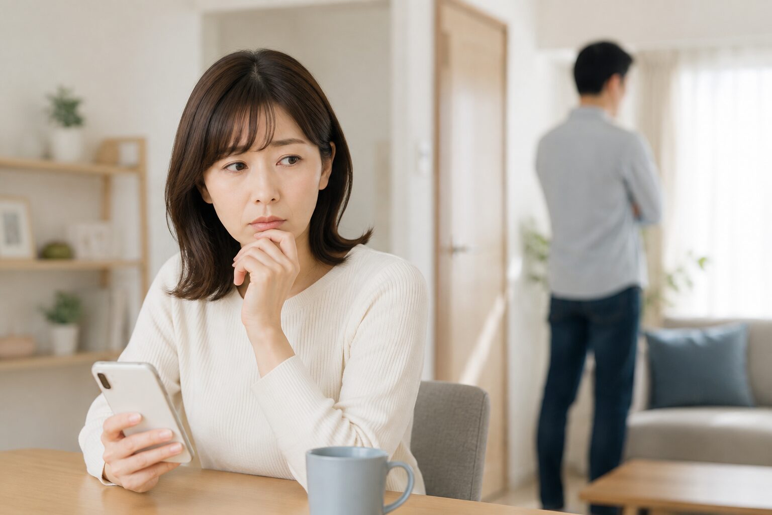 浮気を疑い、相談のタイミングに悩む様子を表す図
