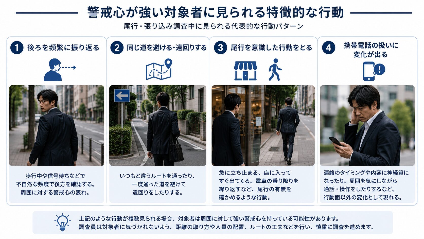 警戒心が強い対象者に見られる特徴的な行動のまとめ図解