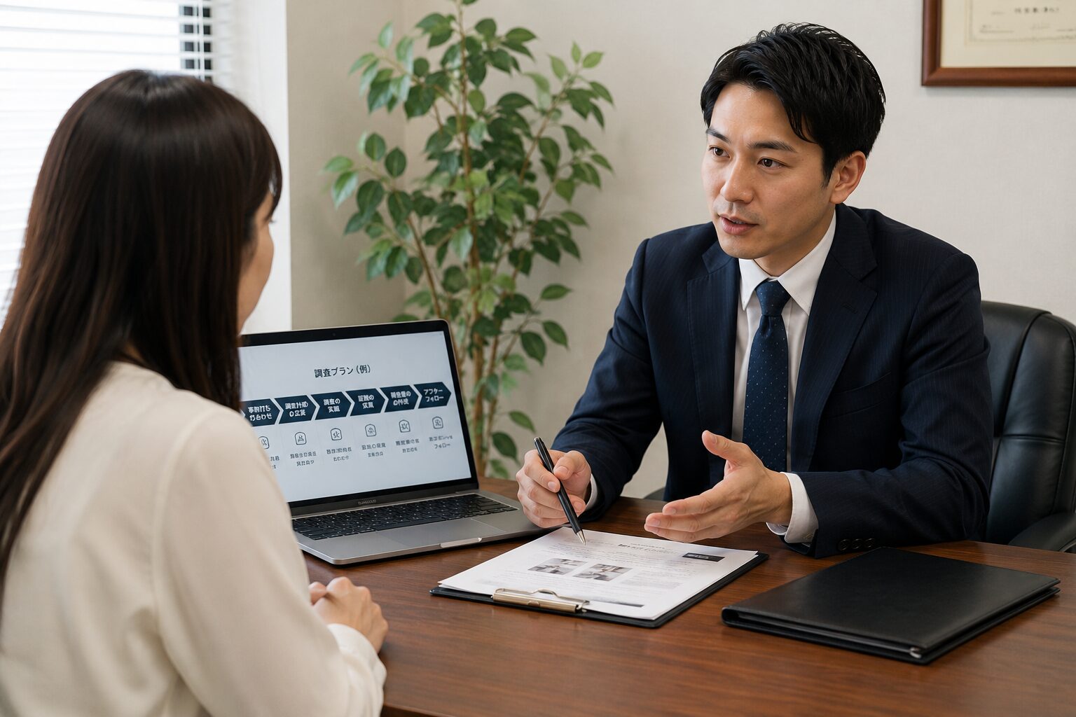 探偵と依頼者が打ち合わせを行っているイメージ写真
