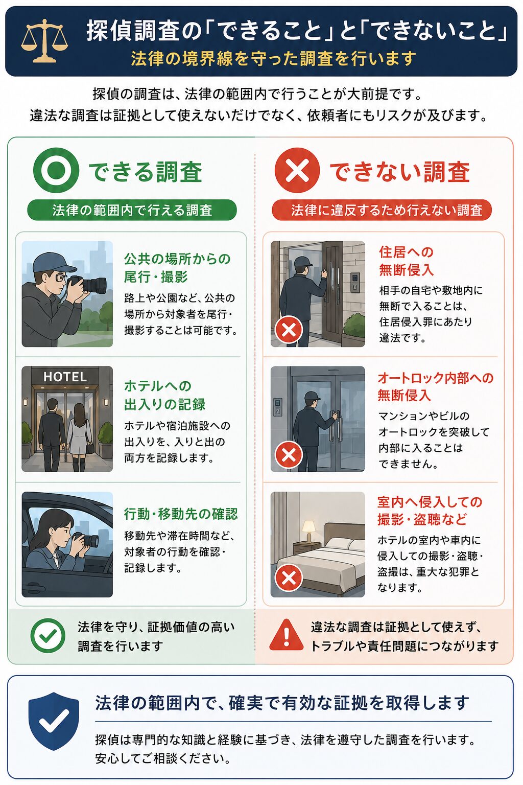 違法な証拠収集のリスクを示すイメージ図解