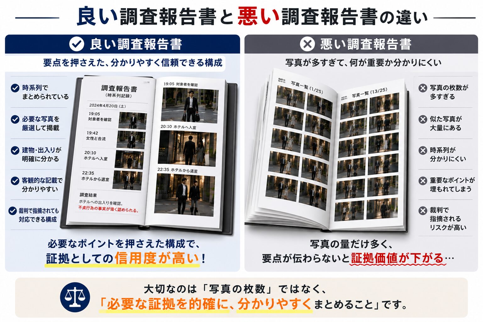 良い調査報告書と質の低い調査報告書の比較