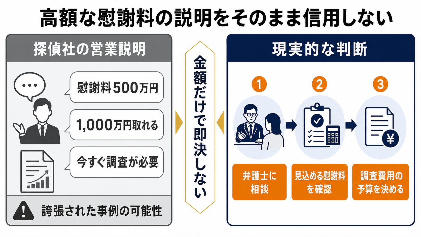 弁護士に相談している様子、または調査費用と慰謝料のバランスを示すイメージ