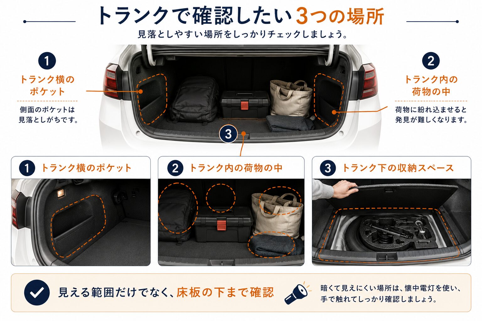 トランク下収納スペース・車体下・ナンバープレート裏の確認ポイント