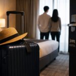 「不倫旅行でホテルに宿泊する男女と旅行カバンのイメージ」