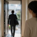 仕事を口実に外出する夫と見送る妻