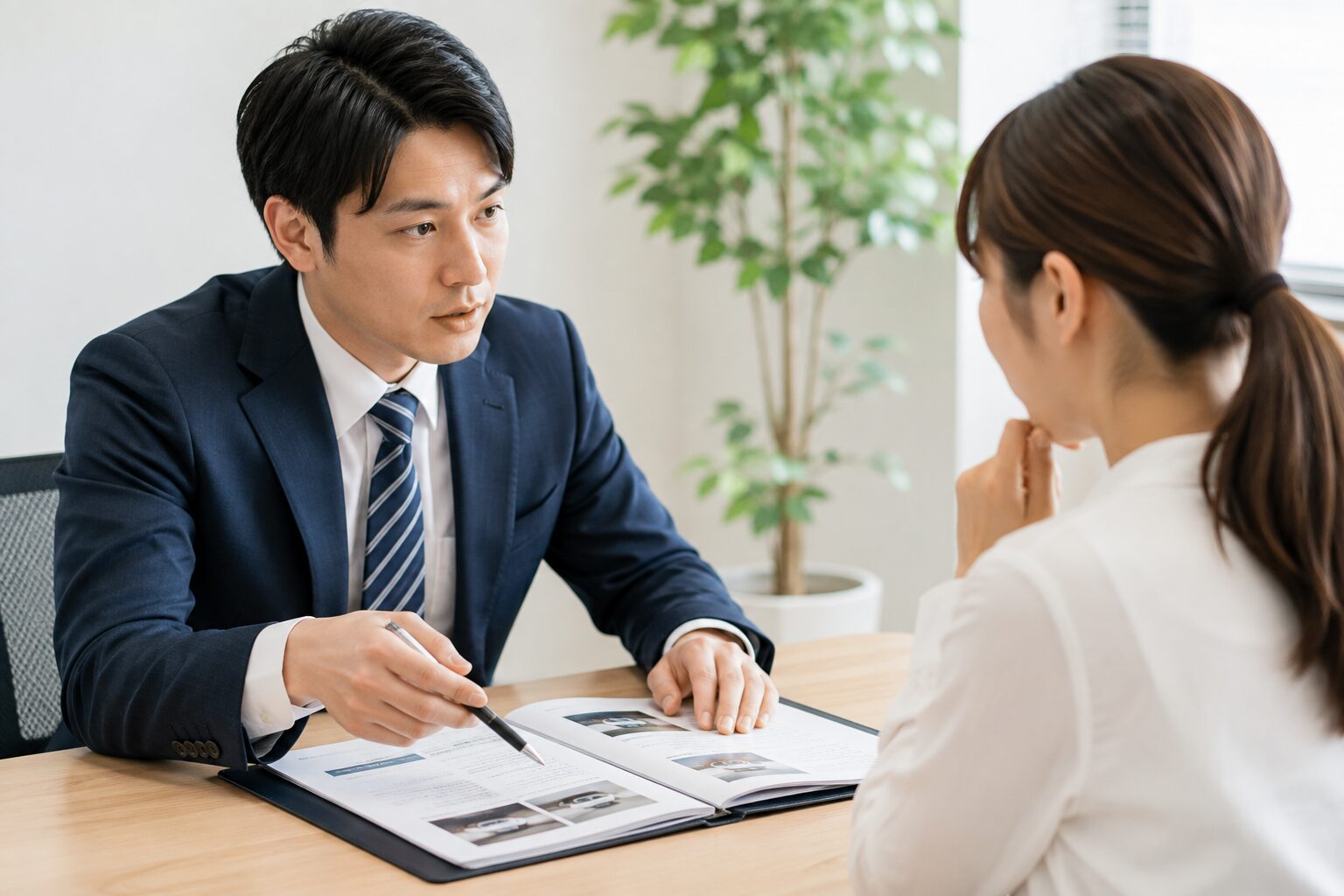 探偵と相談者が資料を確認している相談・ヒアリングの様子