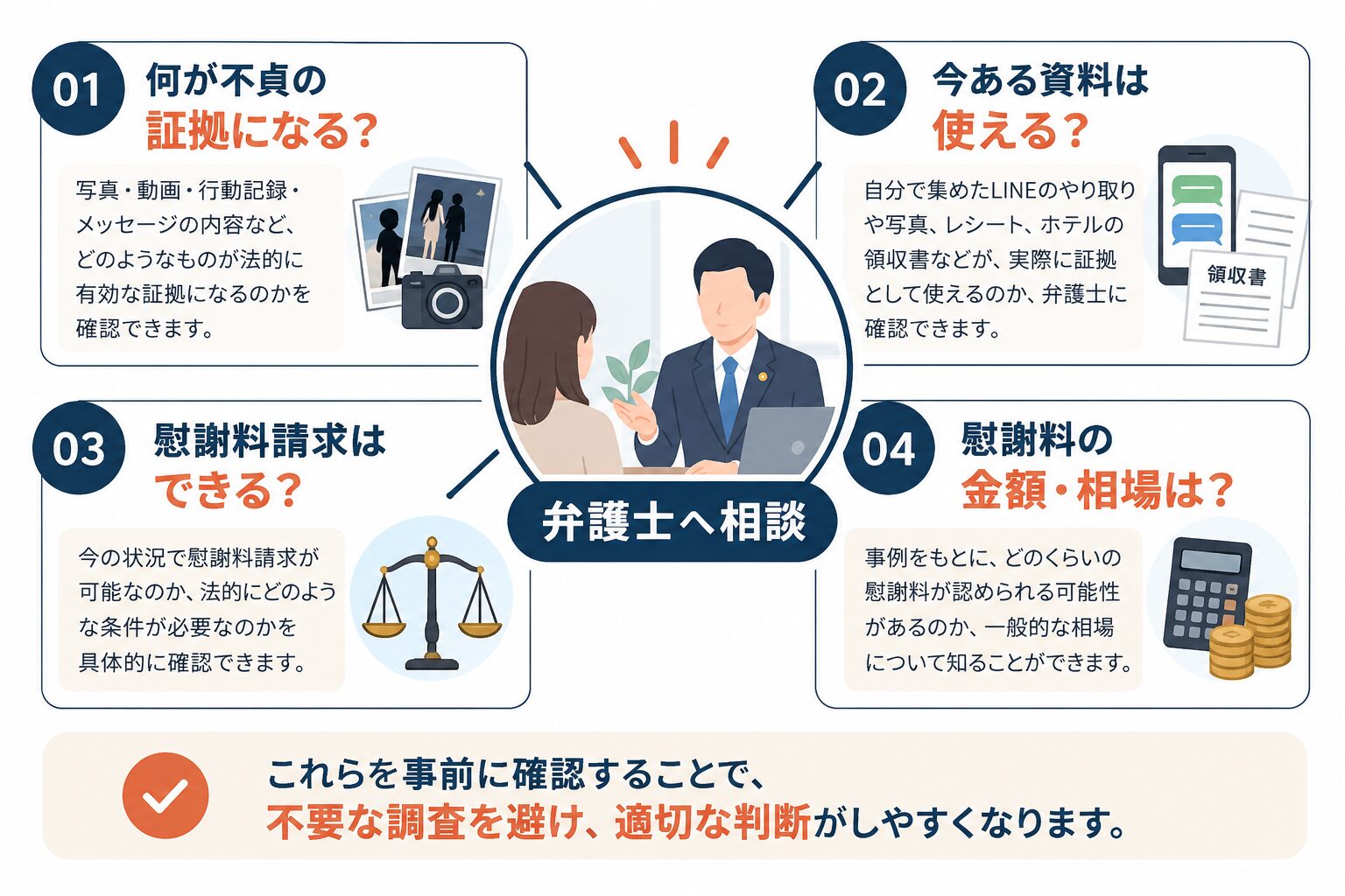 慰謝料請求を考えている場合は証拠の見極めと相場観を先に持っておくことが重要というポイント整理の図解