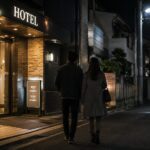 夜のラブホテルへ向かう男女の後ろ姿と出入りのイメージ