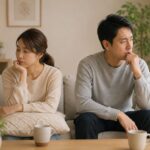 夫婦関係の悩みを抱え、距離を置いて座る夫婦のイメージ