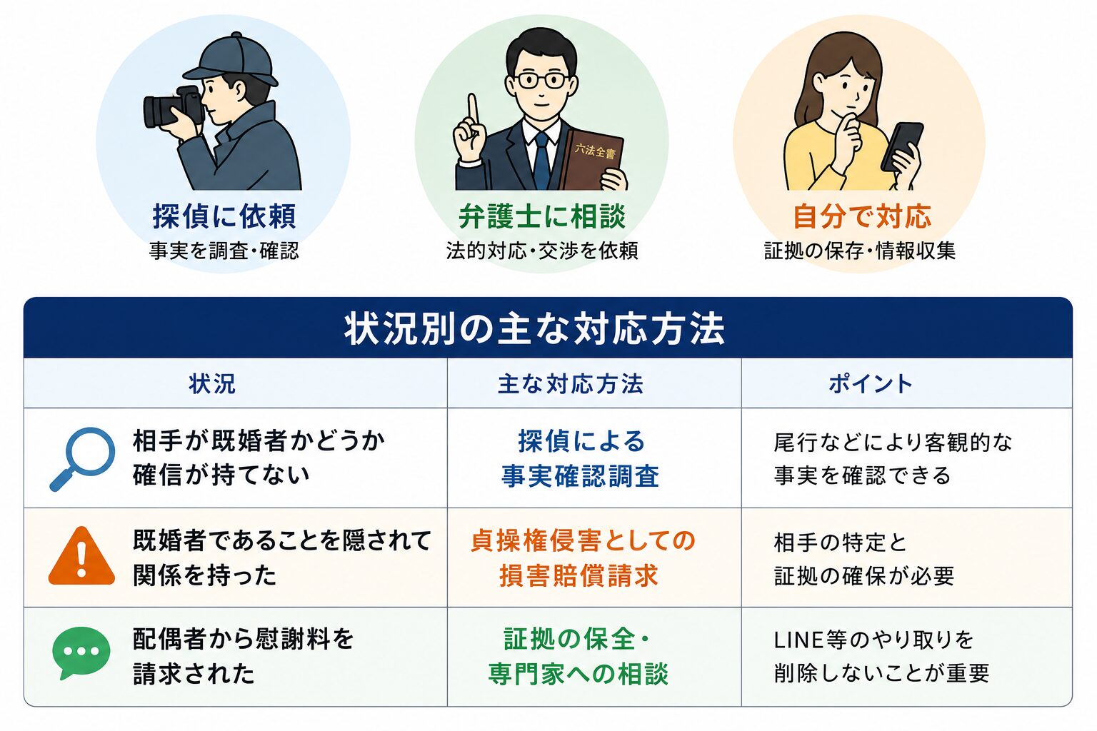 探偵・弁護士・自己対応をイメージするアイコン