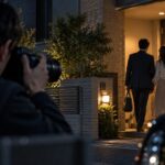代替テキストはこれがおすすめです。 **浮気相手の自宅に入る男女を離れた場所から撮影する探偵の様子**