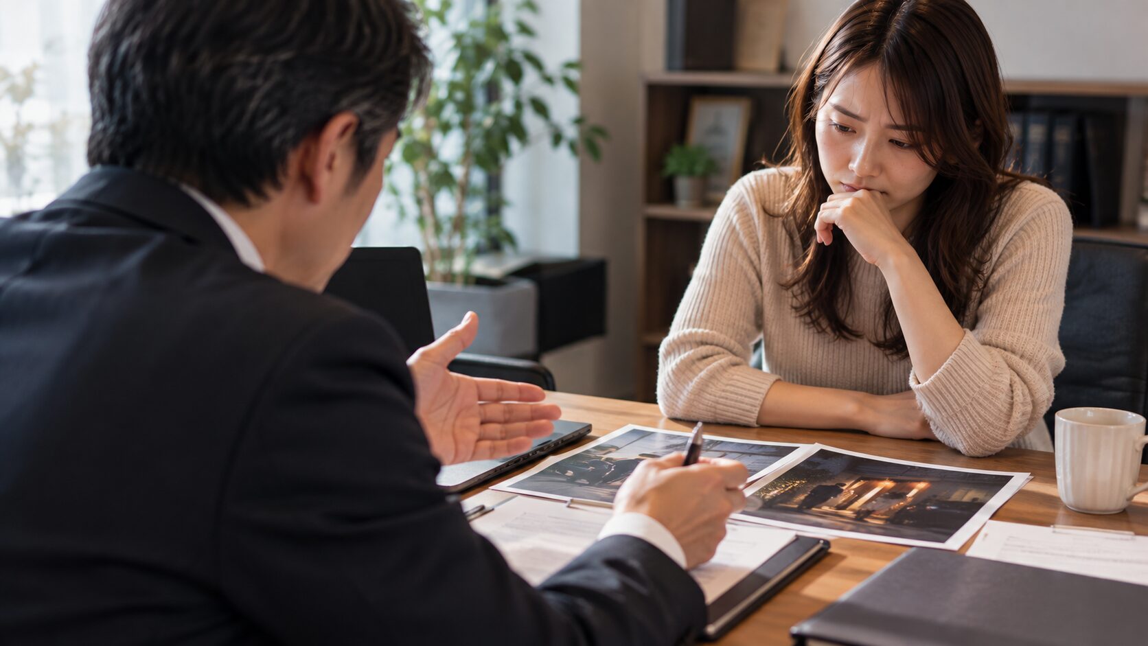 Legal Hawk探偵社の相談員が相談者に調査資料を説明している様子