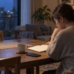 夜のダイニングで手帳を見ながら、浮気を疑った日の出来事を整理する人物