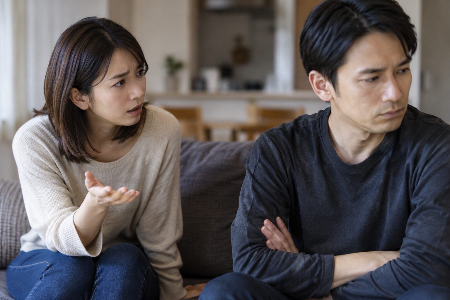 夫の浮気を問い詰めた後、スマホを手にする夫と不安そうな妻の間に緊張感が漂う様子