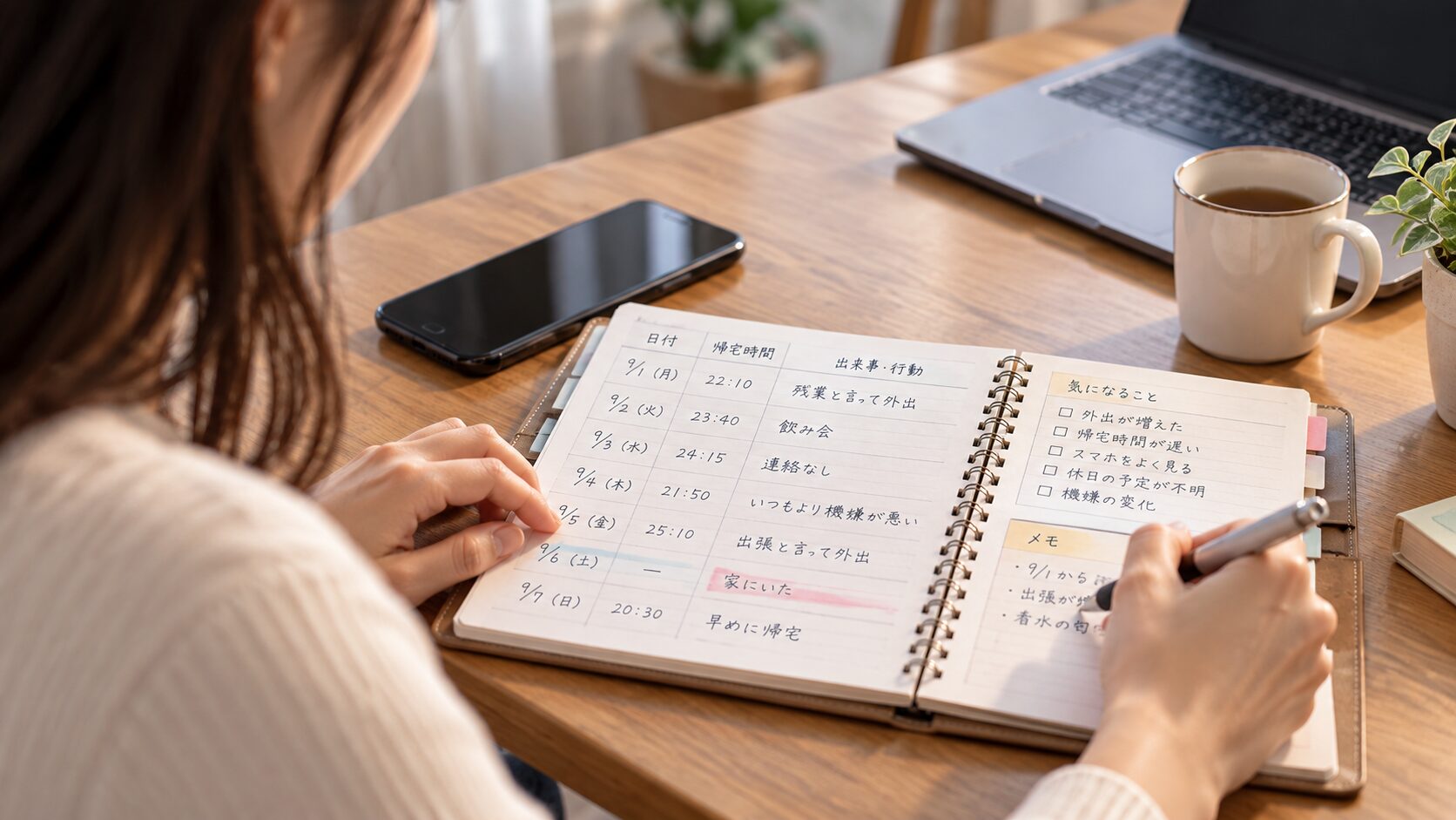 夫の帰宅時間や外出した日を手帳に記録している手元の様子