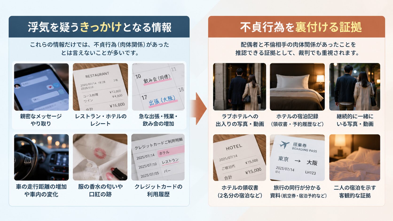 浮気を疑うきっかけになる情報と、不貞行為の証拠として評価されやすいものの違い