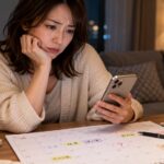 浮気調査の候補日を絞るため、夜の自宅でスマホとカレンダーを確認する女性