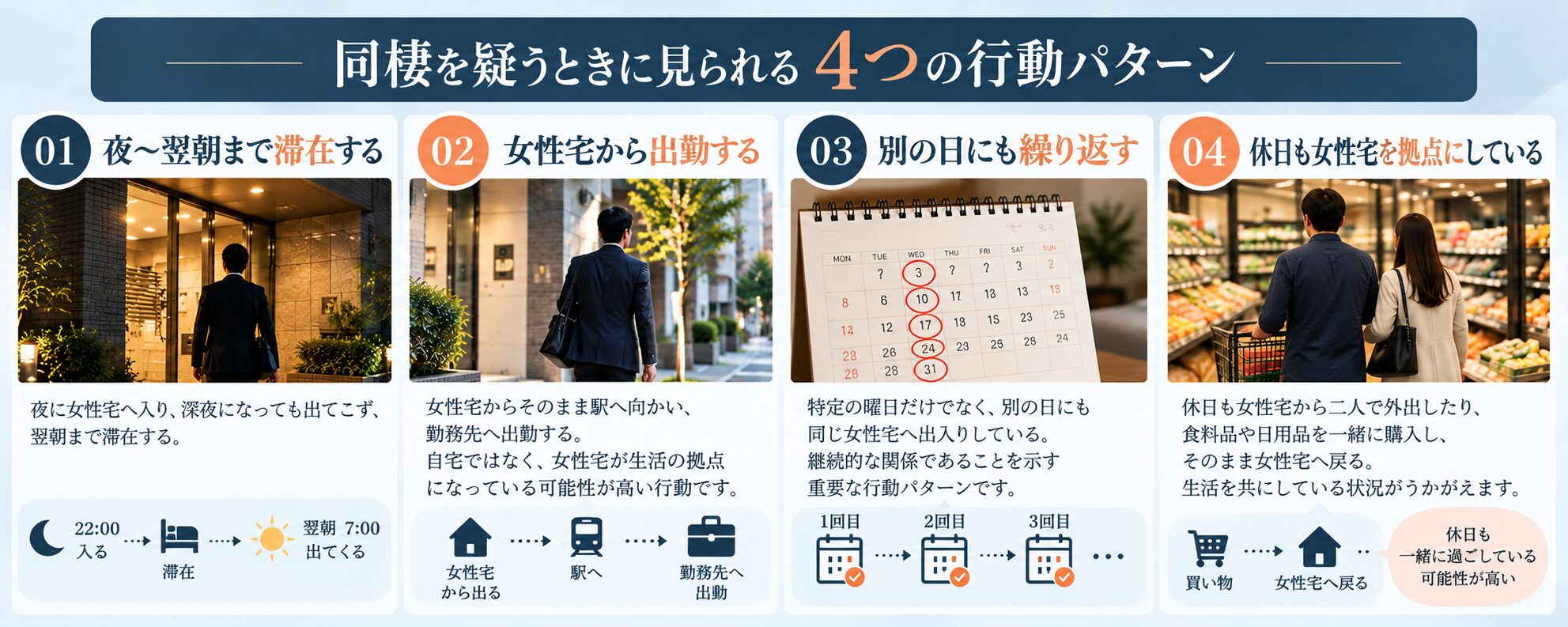 夫の生活実態が見えてくる4つの行動パターン（夜〜翌朝の滞在・女性宅から出勤・別日も繰り返す・休日も拠点）