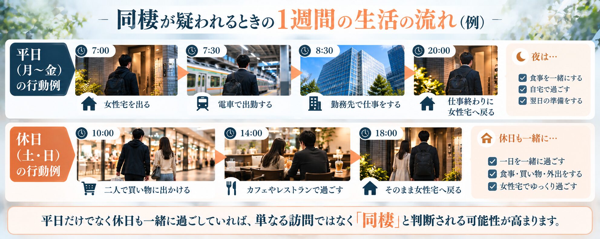 同棲が疑われるときに確認したい日常生活の様子（出勤・帰宅・買い物・休日）
