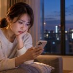 単身赴任中の夫の浮気を疑い、夜の自宅でスマートフォンを見ながら不安な表情を浮かべる女性