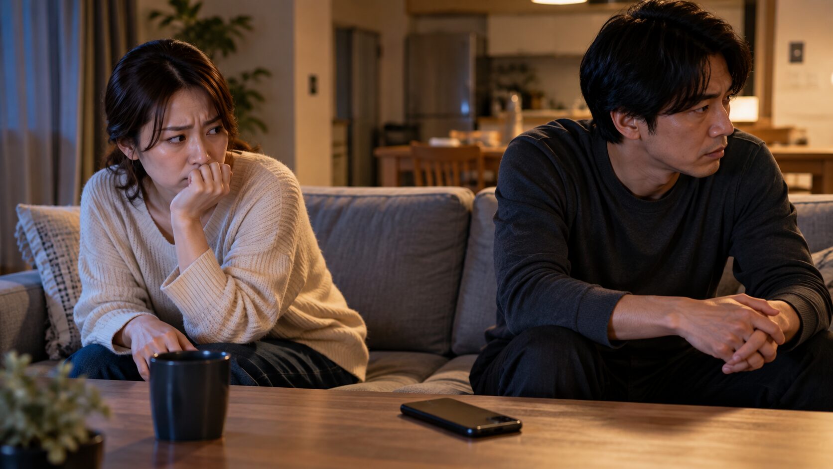 スマホを伏せて置く警戒中の夫