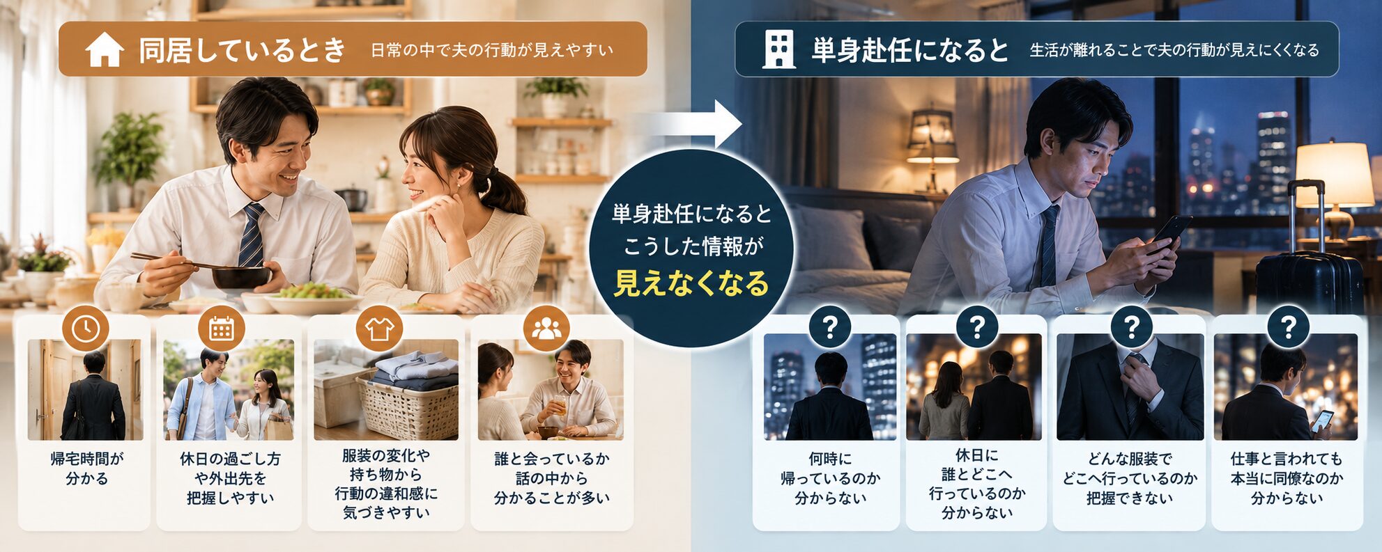 単身赴任で浮気の状況が見えにくくなる理由の図解