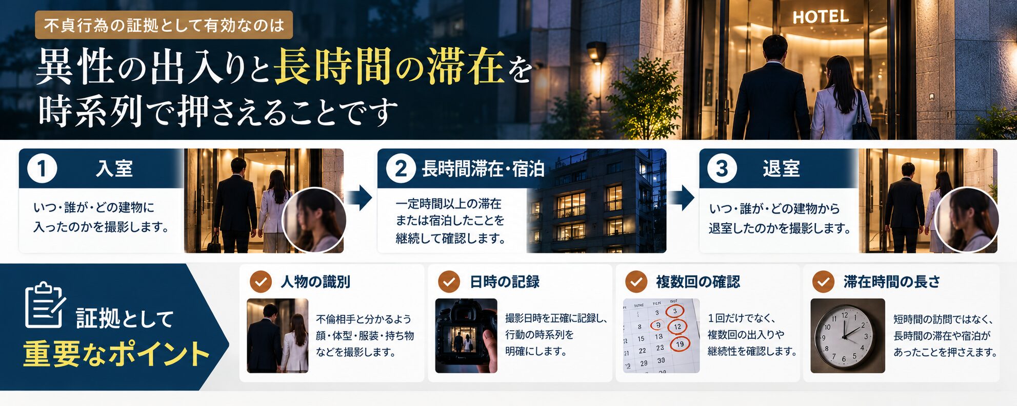 単身赴任先への異性の出入りを証拠として記録するポイントの図解