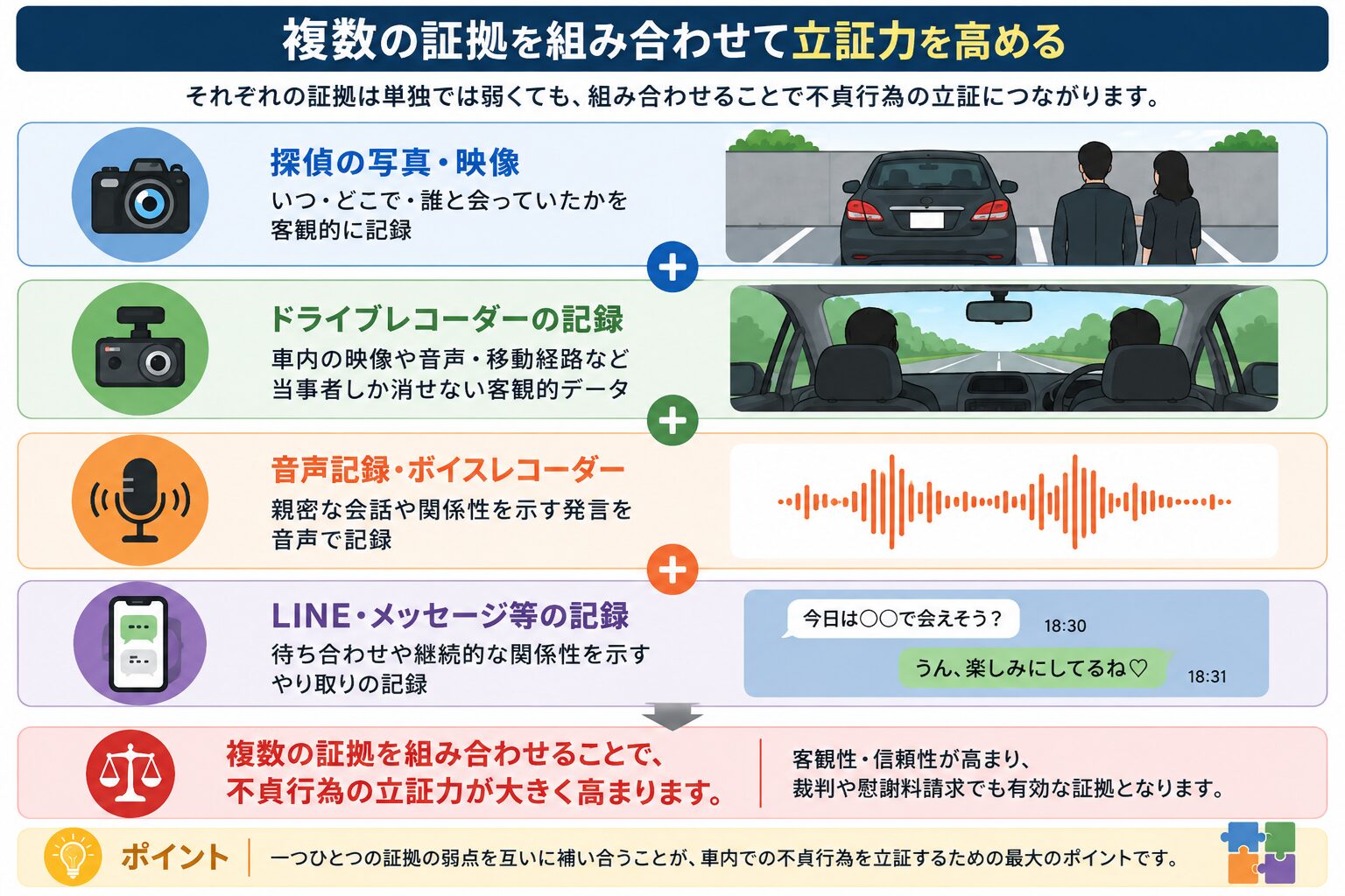疑わしい状況と証明できる事実のギャップを埋める調査イメージ