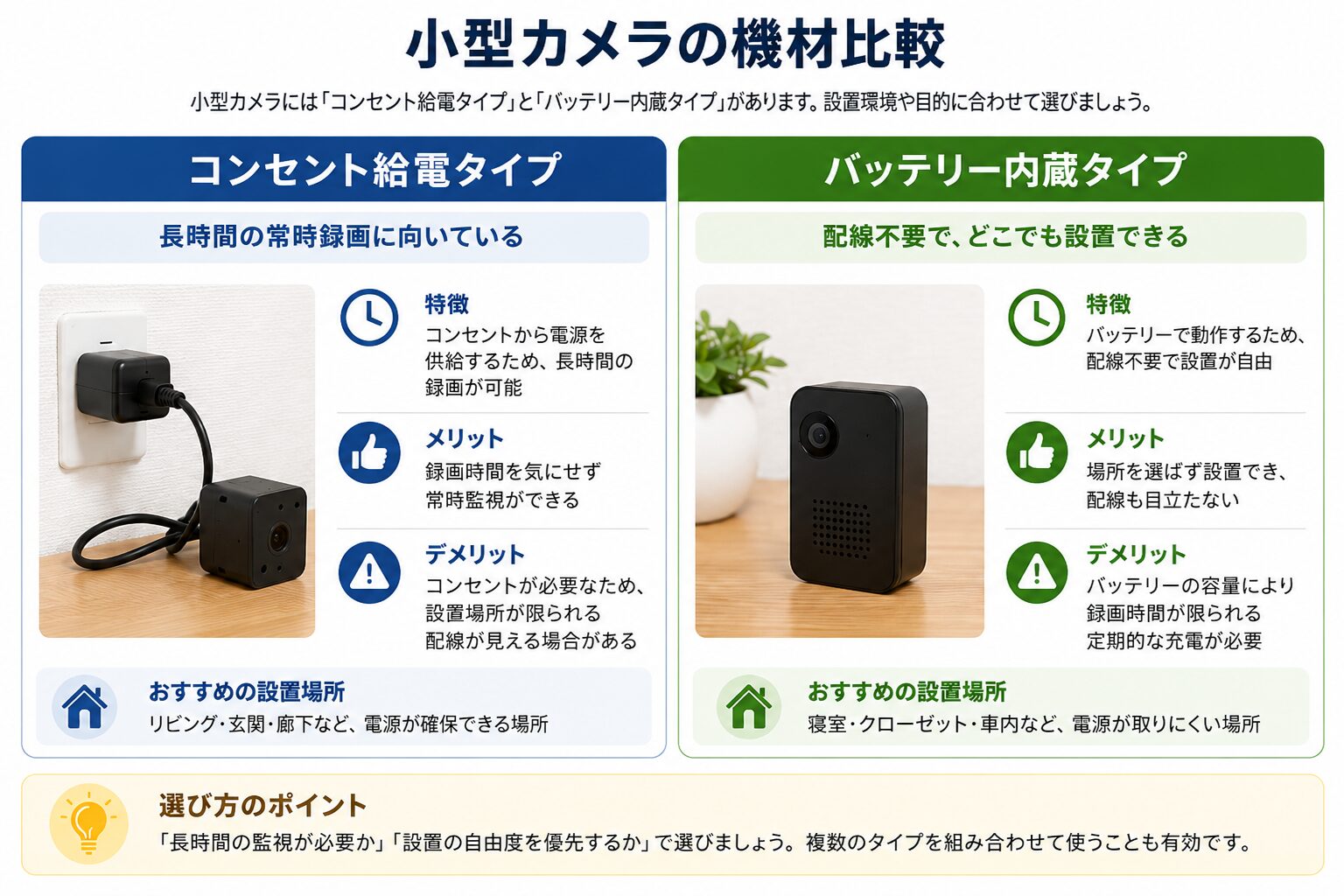 小型カメラの機材写真:コンセント給電タイプとバッテリー内蔵タイプの比較