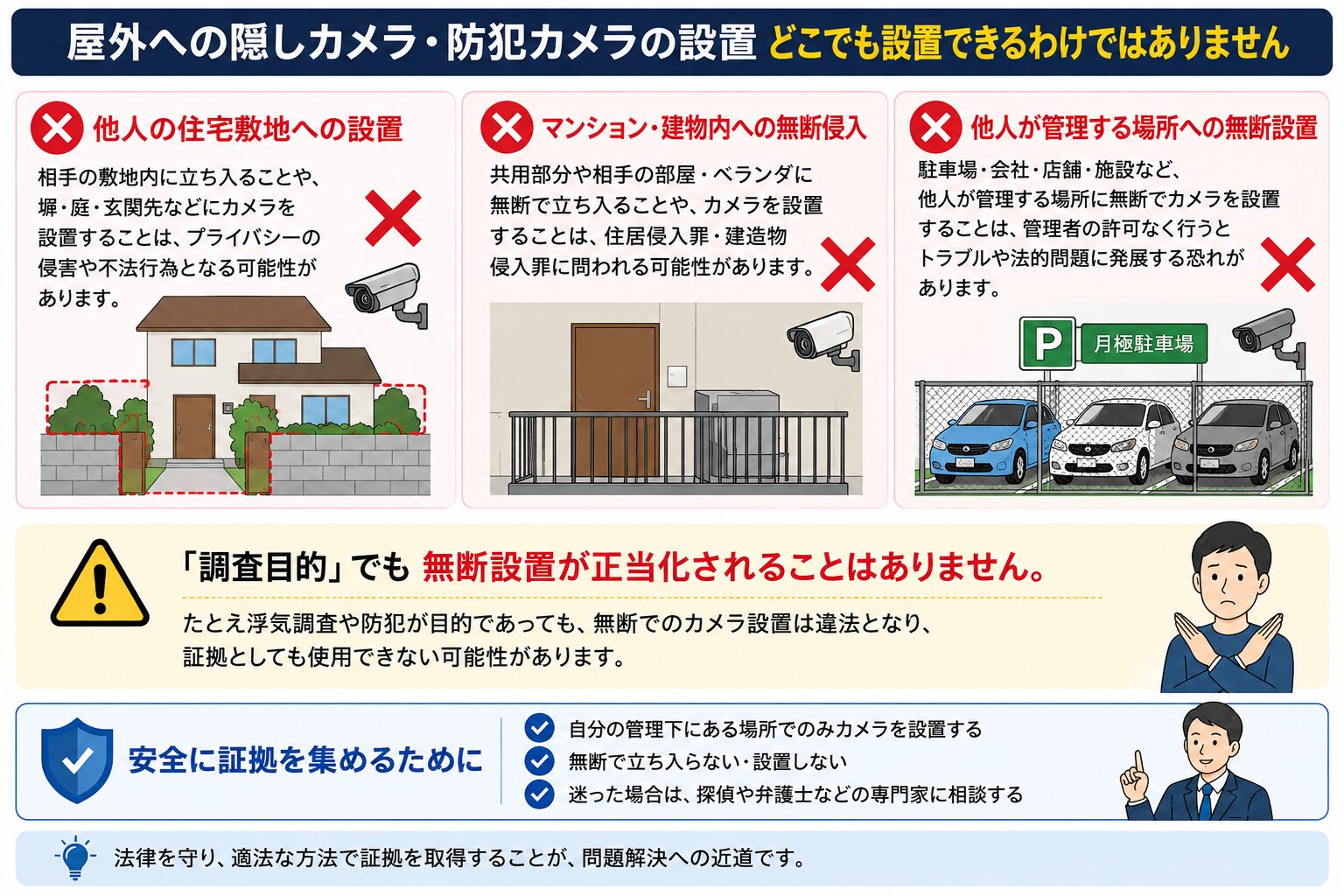 屋外への無断でのカメラ設置に伴う住居侵入罪・建造物侵入罪等のリスクに関する図解