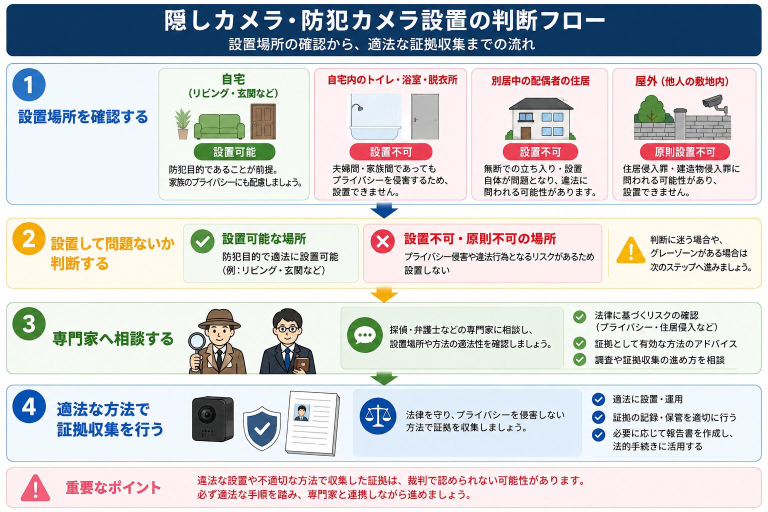 隠しカメラ設置に関する調査フロー図:設置検討から専門家相談、適法な方法での証拠収集まで